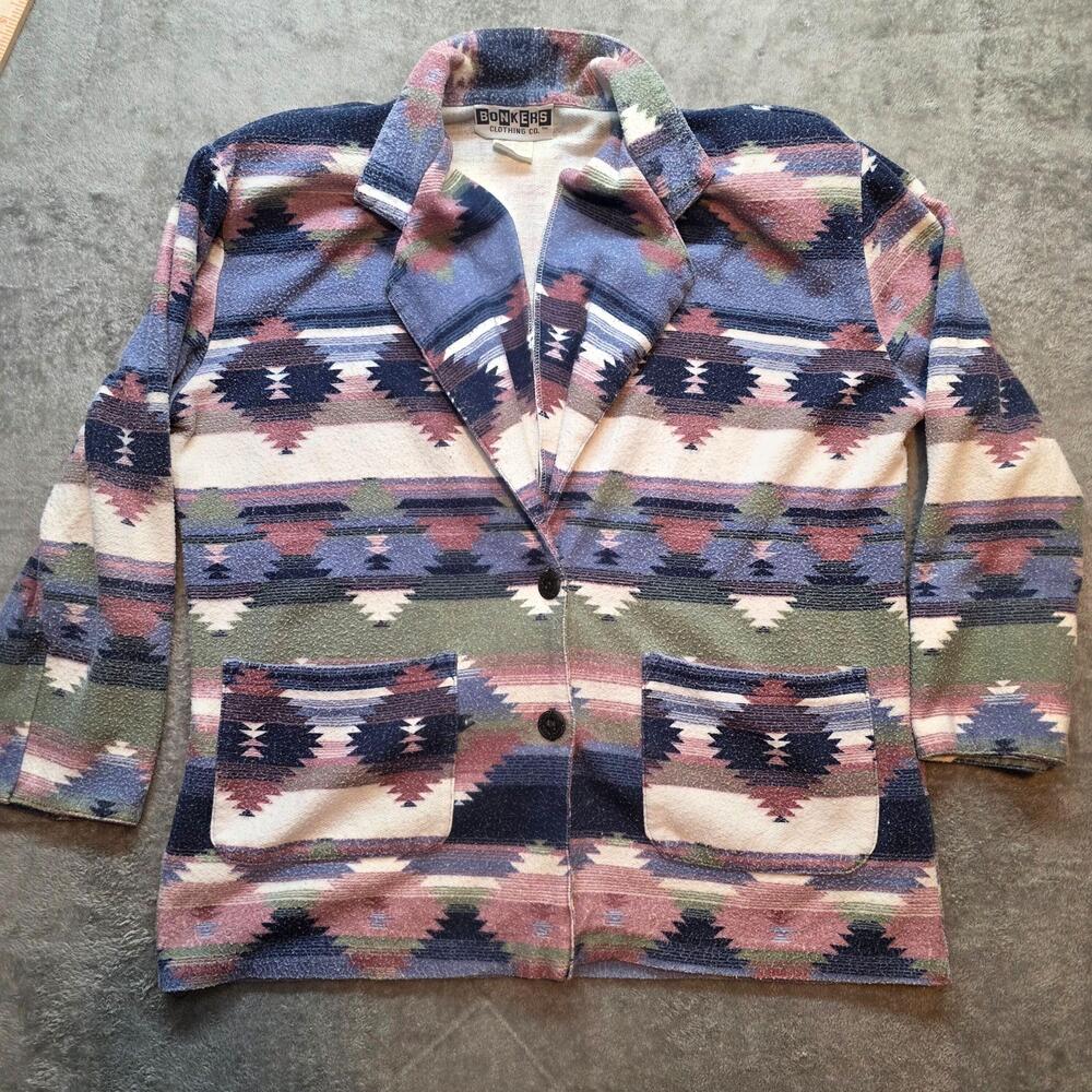 Bonkers Clothing Co. Vintage Sweater Womens Blue Aztec Tribal Western Cardigan